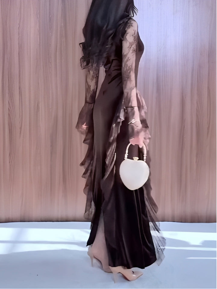 Brown Velvet Square Neckline Lace Maxi Dress