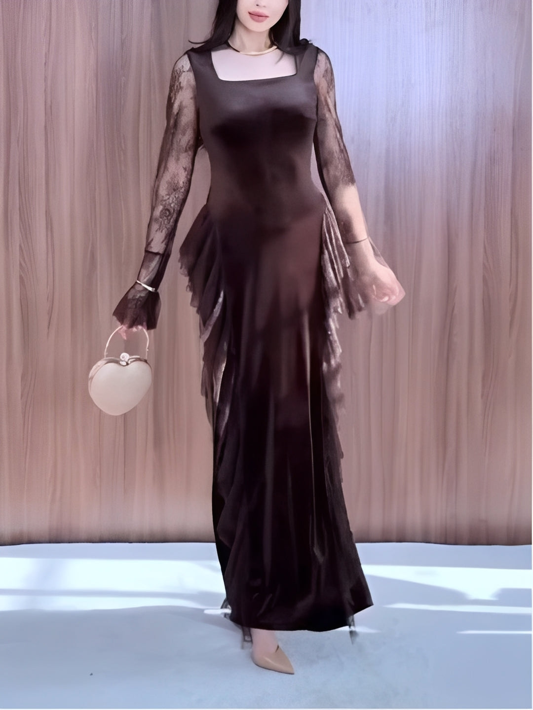 Brown Velvet Square Neckline Lace Maxi Dress