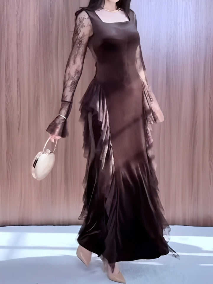 Brown Velvet Square Neckline Lace Maxi Dress