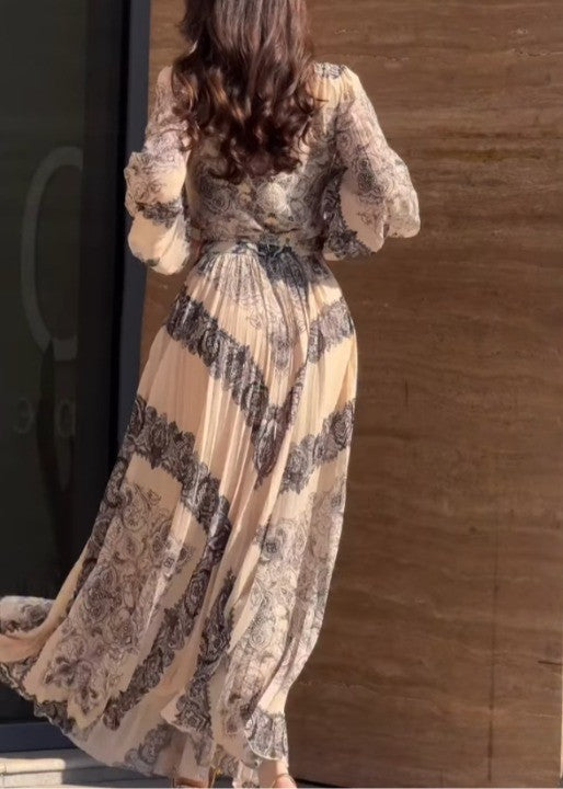 Ethnic Style Printed High-neck Button-down Maxi Dress (Including Belt)