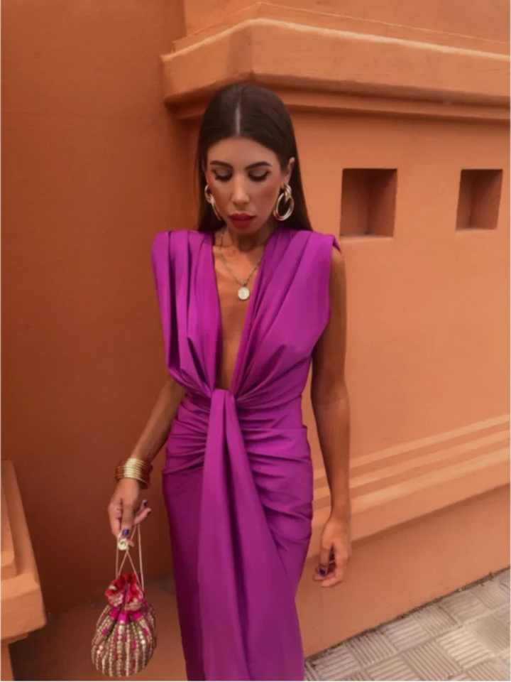 ZEYTHANA – SUNSET RUCHED V-NECK DRESS