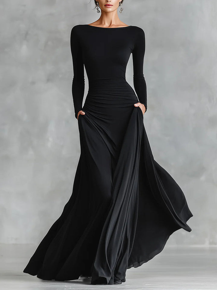 Black Modern Crepe Pleated Boat Neck Long Dress