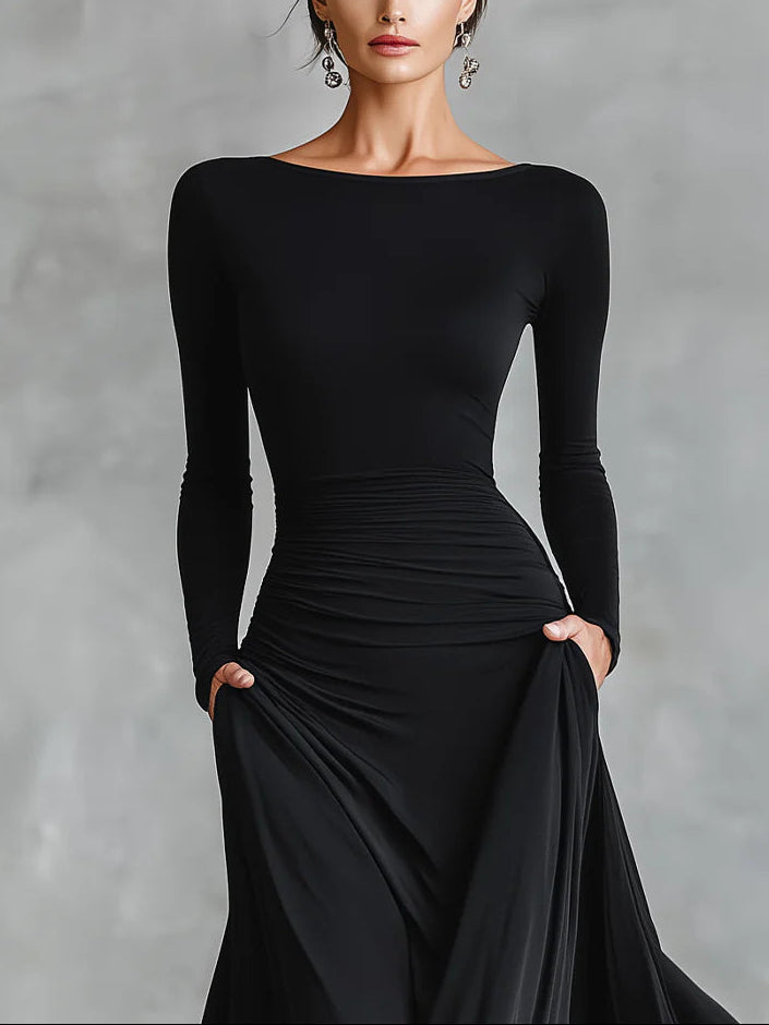 Black Modern Crepe Pleated Boat Neck Long Dress