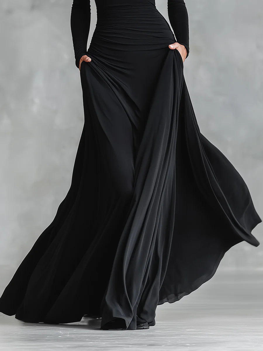 Black Modern Crepe Pleated Boat Neck Long Dress