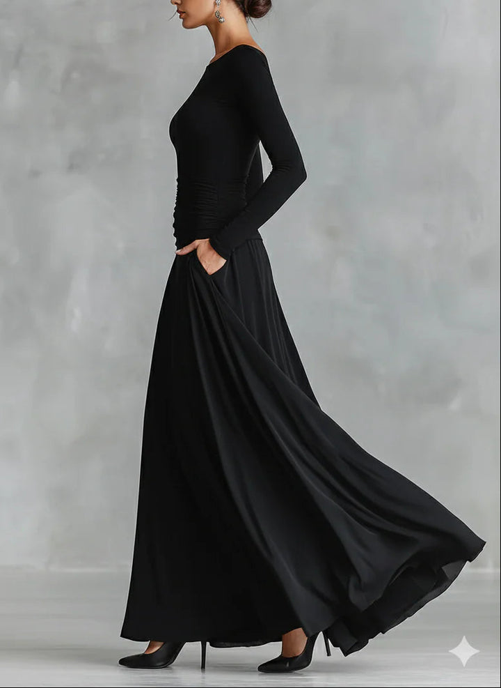 Black Modern Crepe Pleated Boat Neck Long Dress
