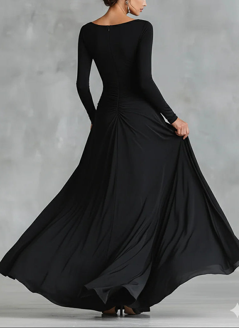 Black Modern Crepe Pleated Boat Neck Long Dress