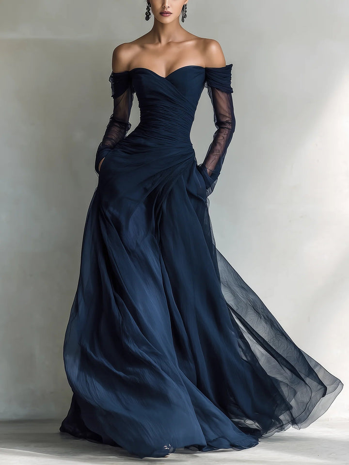 Elegant Navy Organza Off Shoulder Fitted Maxi Dress