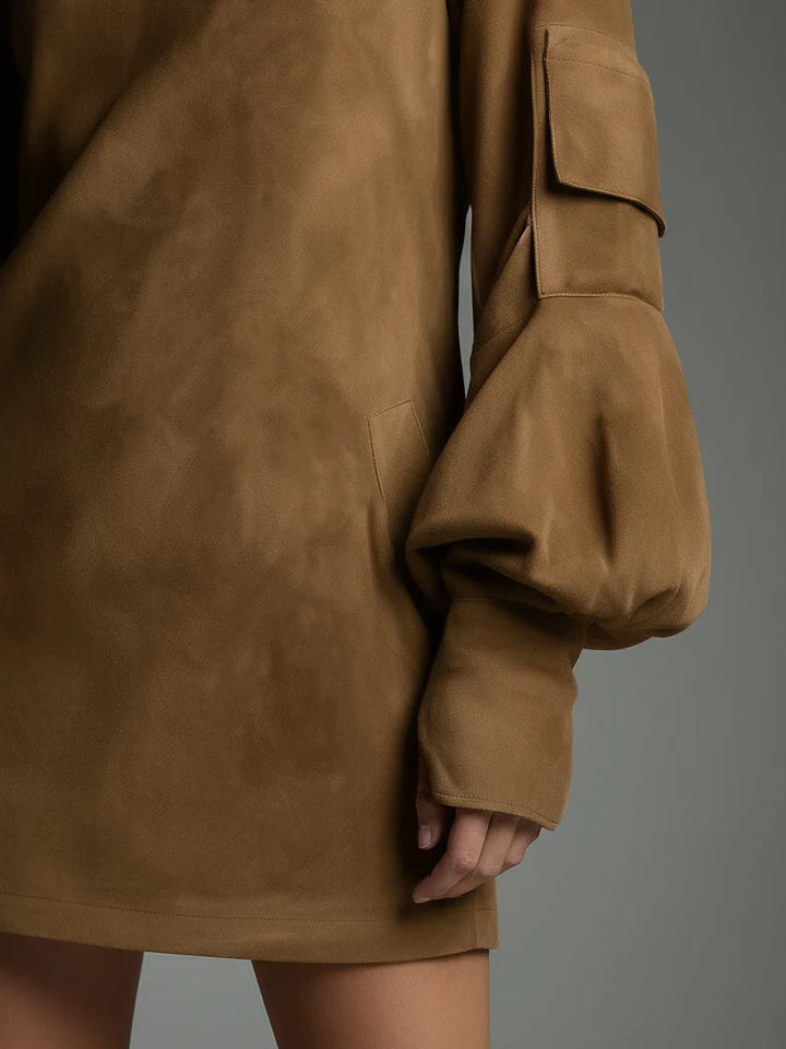 Livia | Oversized Minidress in Faux Suede with High Collar