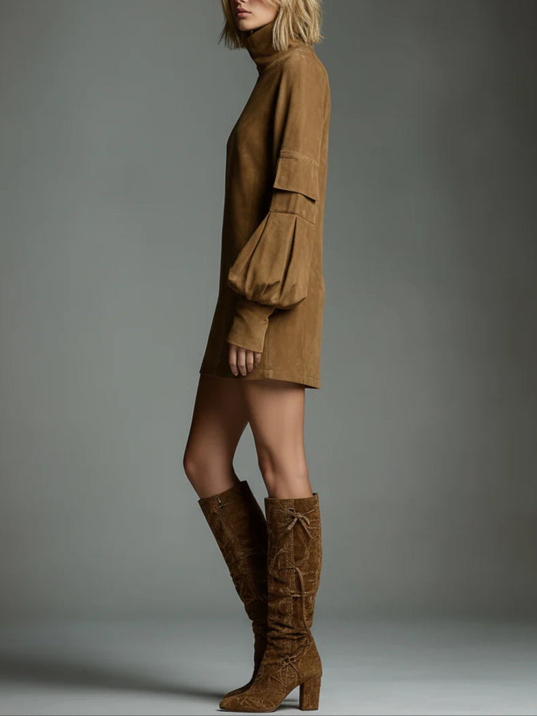 Livia | Oversized Minidress in Faux Suede with High Collar