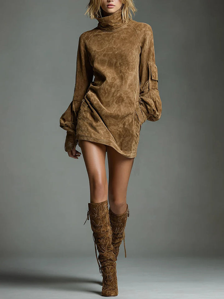 Livia | Oversized Minidress in Faux Suede with High Collar