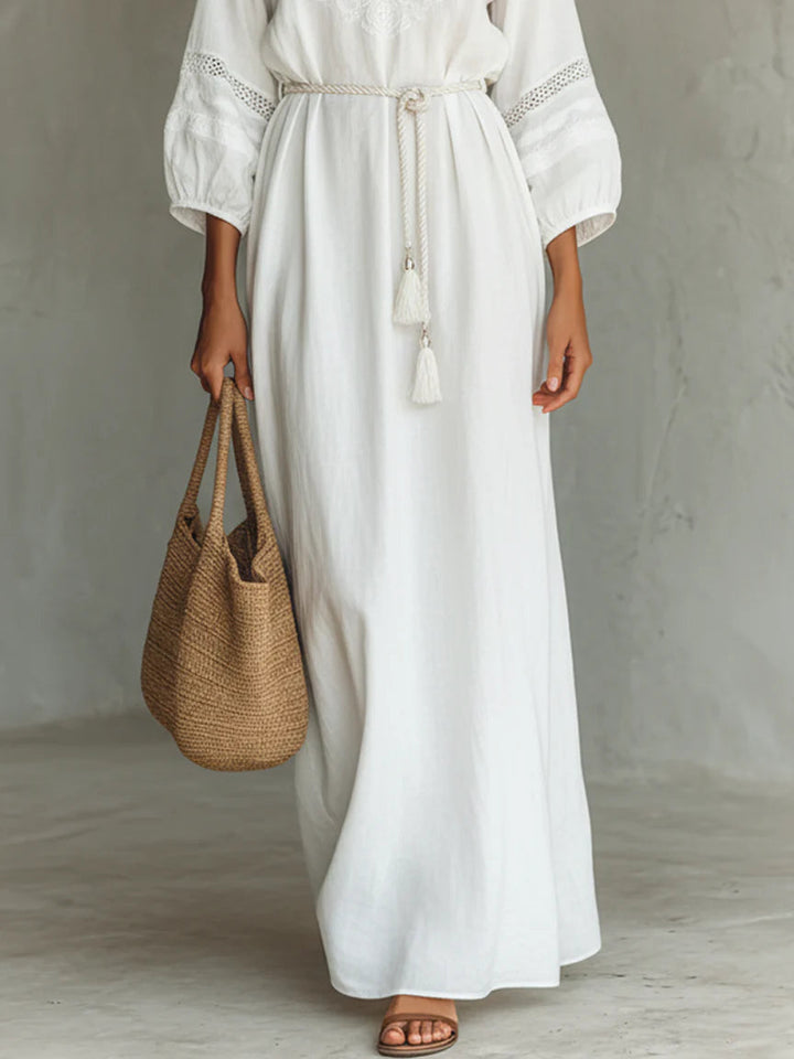White Cotton Blend Lace V-neck Belted Maxi Dress