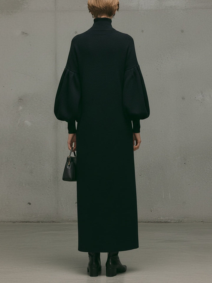 Black Turtleneck Puff Sleeve Maxi Dress