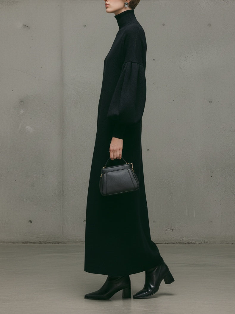 Black Turtleneck Puff Sleeve Maxi Dress