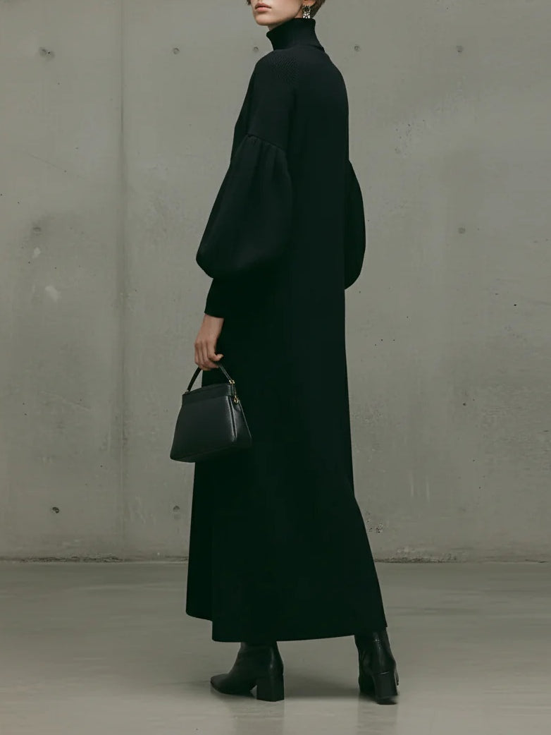 Black Turtleneck Puff Sleeve Maxi Dress