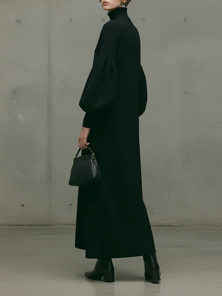 Black Turtleneck Puff Sleeve Maxi Dress