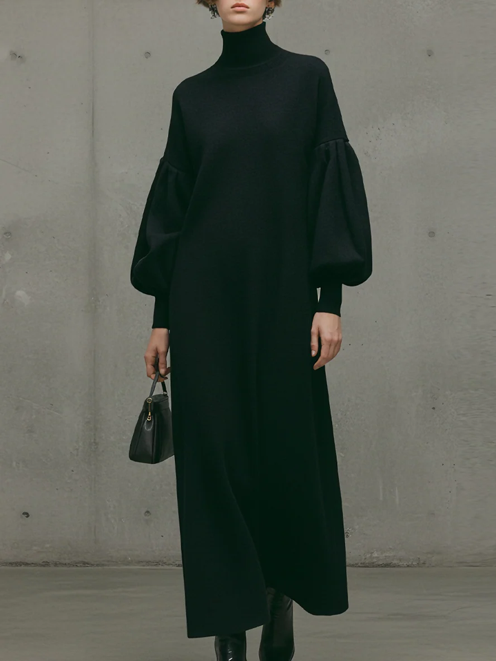 Black Turtleneck Puff Sleeve Maxi Dress