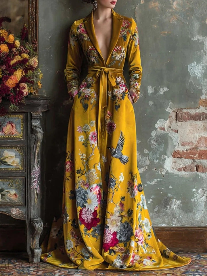 Yellow Velvet Floral Print Lapel Maxi Dress (with belt)