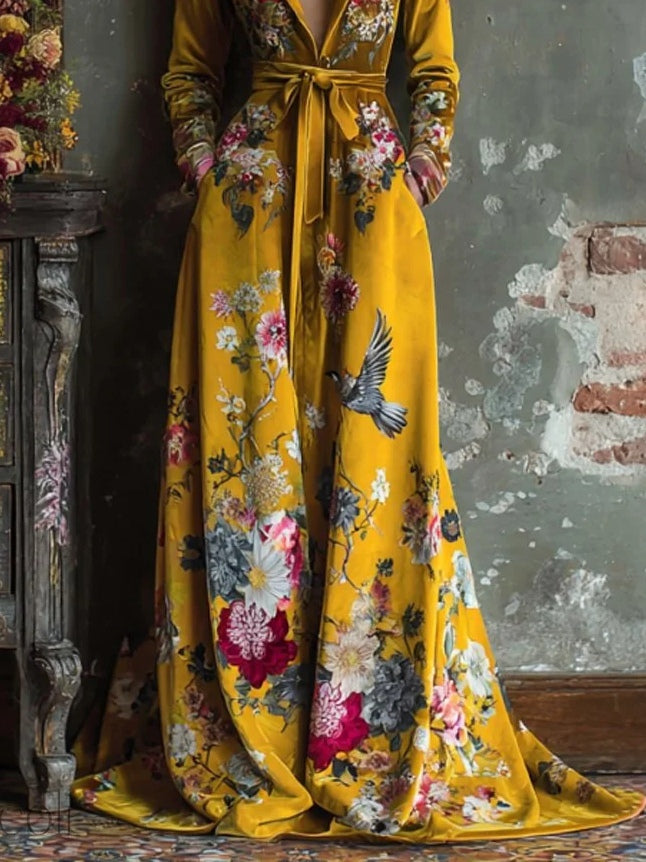 Yellow Velvet Floral Print Lapel Maxi Dress (with belt)