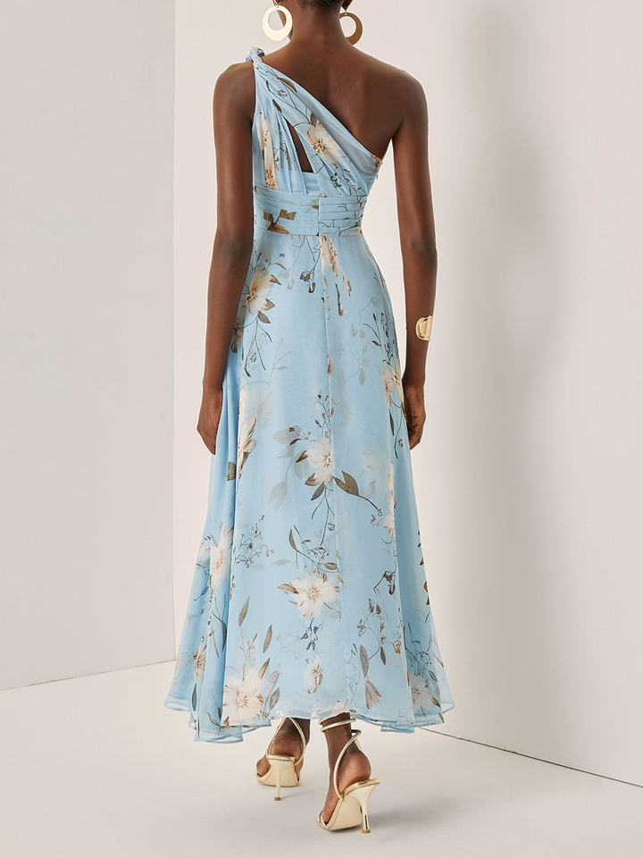 Light Blue Floral Pleated Chiffon One-shoulder Maxi Dress