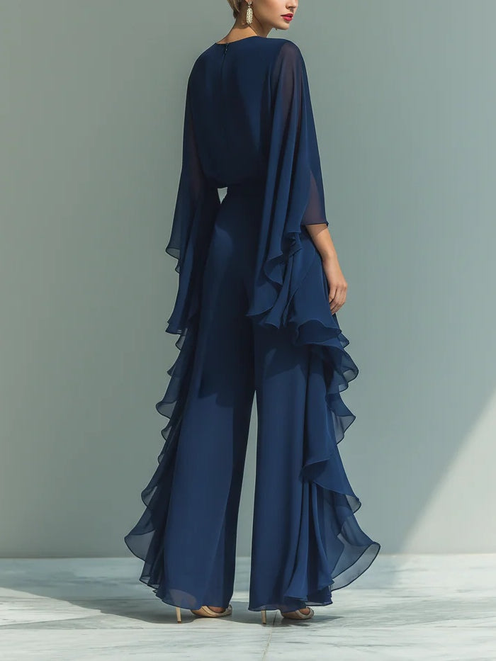 Navy Chiffon Bell Sleeve Top And Ruffled Straight Leg Pants Set