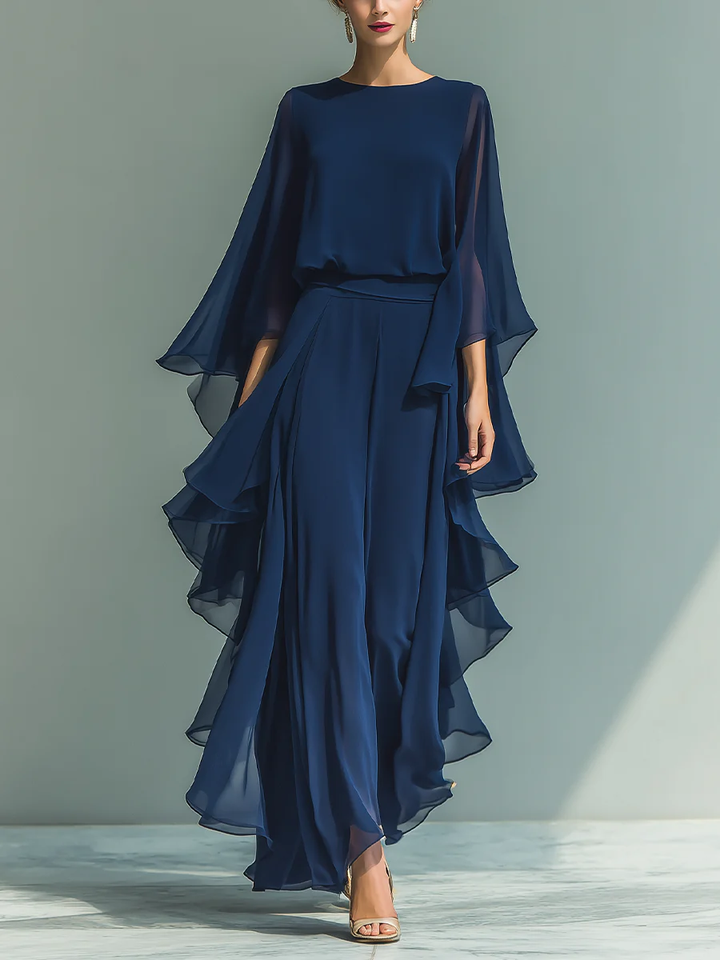 Navy Chiffon Bell Sleeve Top And Ruffled Straight Leg Pants Set
