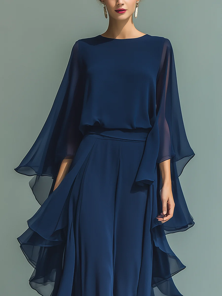 Navy Chiffon Bell Sleeve Top And Ruffled Straight Leg Pants Set