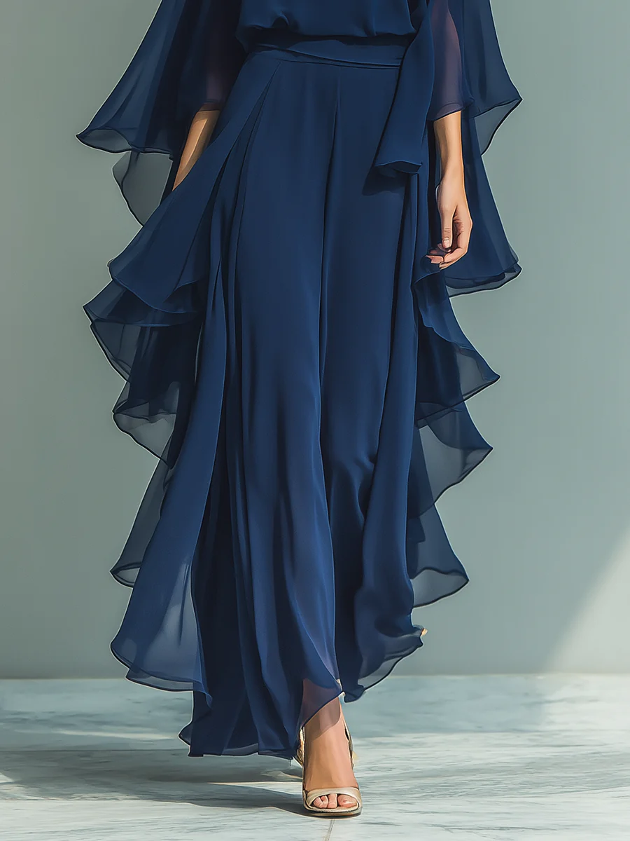 Navy Chiffon Bell Sleeve Top And Ruffled Straight Leg Pants Set