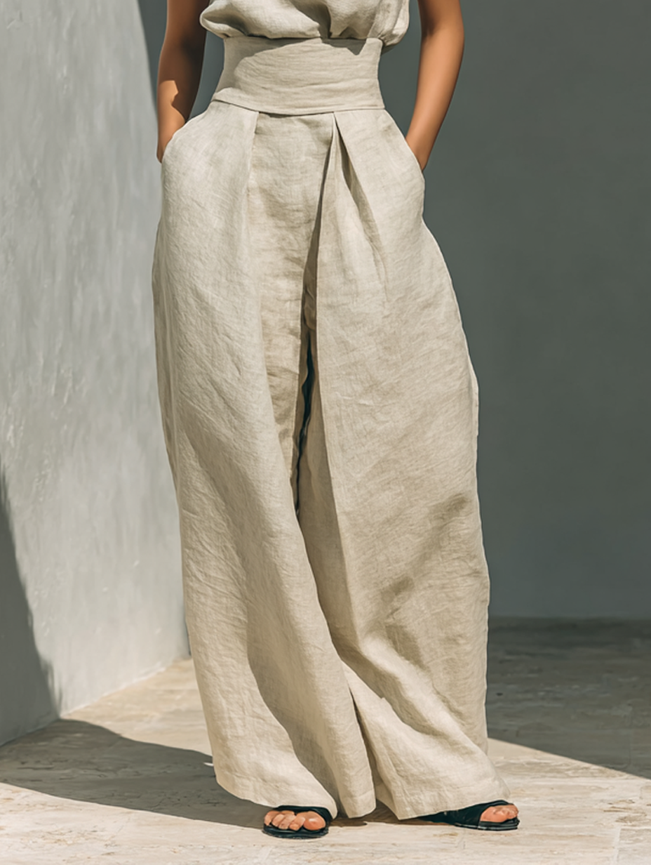 Beige Faux Cotton Linen Blend Sleeveless Top and Wide-Leg Pants Set