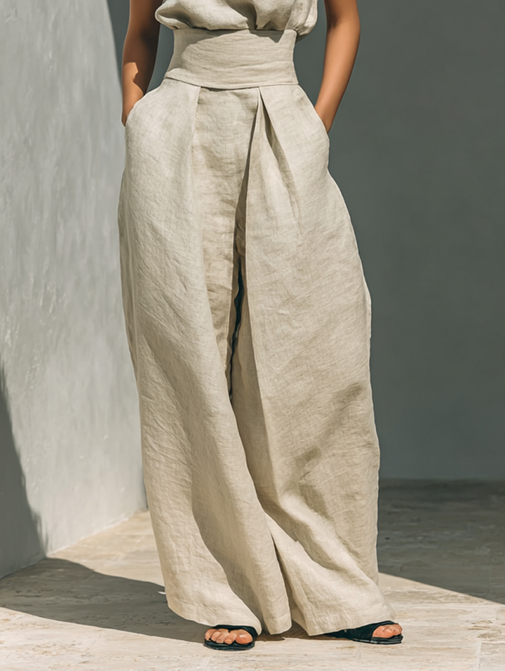 Beige Faux Cotton Linen Blend Sleeveless Top and Wide-Leg Pants Set