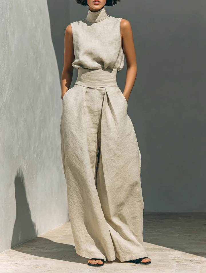 Beige Faux Cotton Linen Blend Sleeveless Top and Wide-Leg Pants Set
