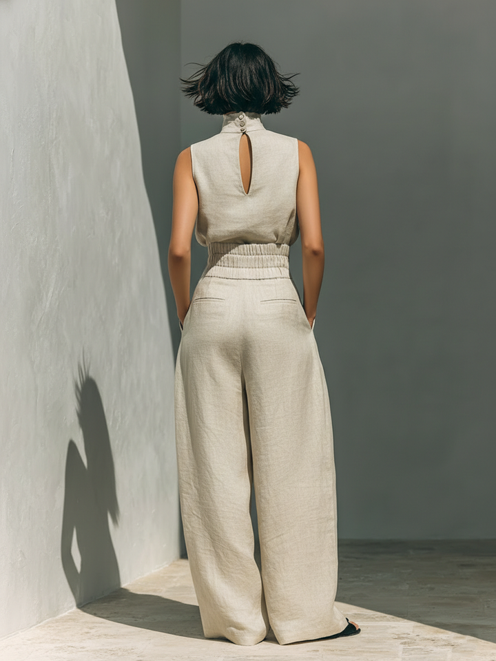 Beige Faux Cotton Linen Blend Sleeveless Top and Wide-Leg Pants Set
