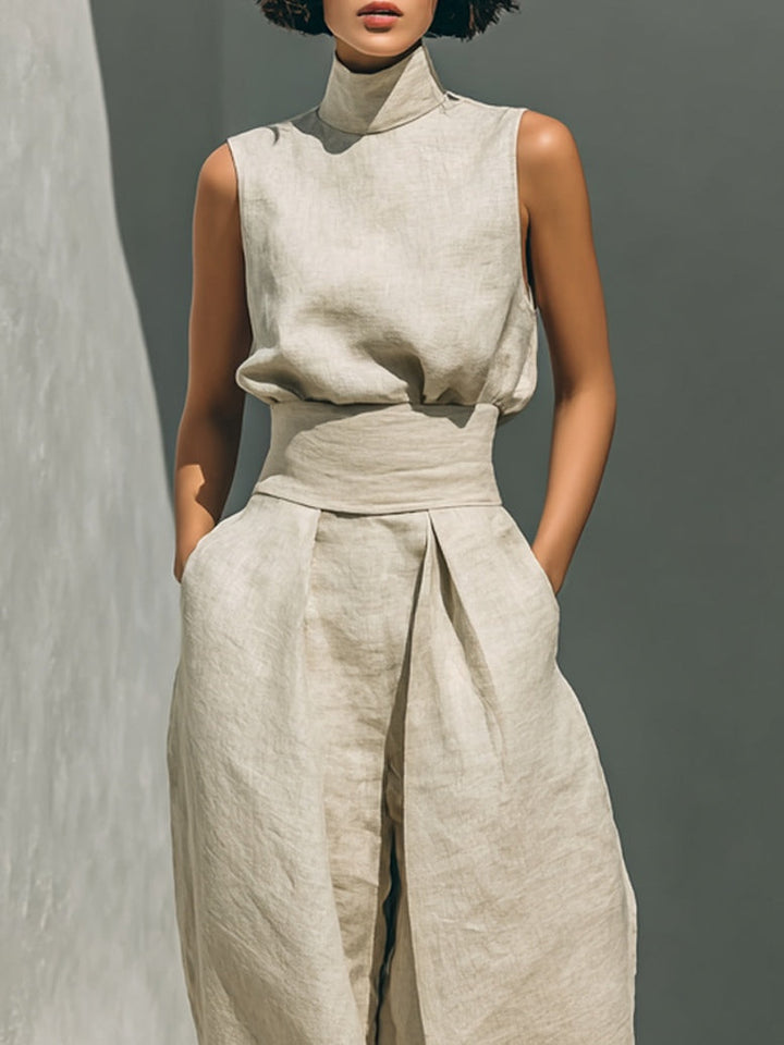 Beige Faux Cotton Linen Blend Sleeveless Top and Wide-Leg Pants Set