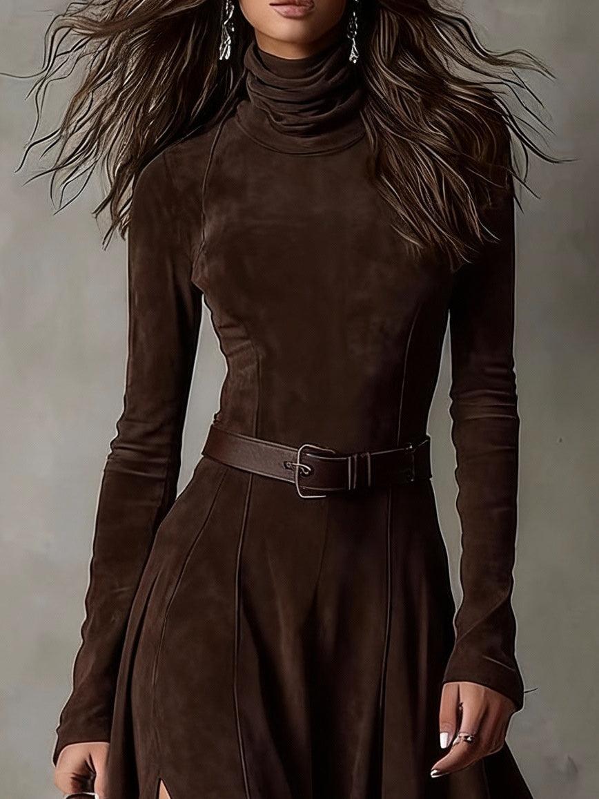 Dark Brown Faux Suede Turtleneck Long Sleeve Slit Maxi Dress (Including belt)