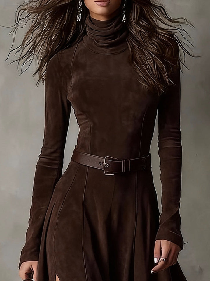 Dark Brown Faux Suede Turtleneck Long Sleeve Slit Maxi Dress (Including belt)