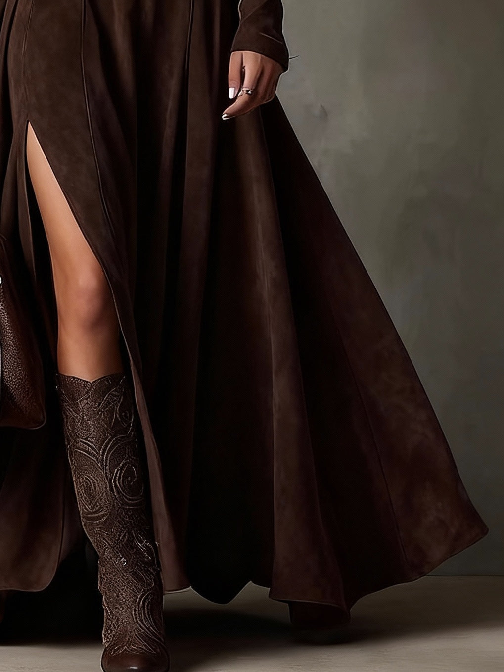 Dark Brown Faux Suede Turtleneck Long Sleeve Slit Maxi Dress (Including belt)