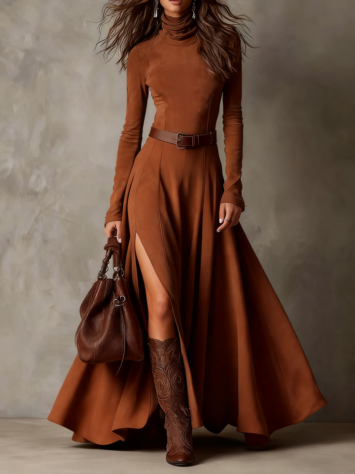 Dark Brown Faux Suede Turtleneck Long Sleeve Slit Maxi Dress (Including belt)