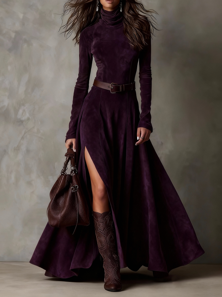Dark Brown Faux Suede Turtleneck Long Sleeve Slit Maxi Dress (Including belt)