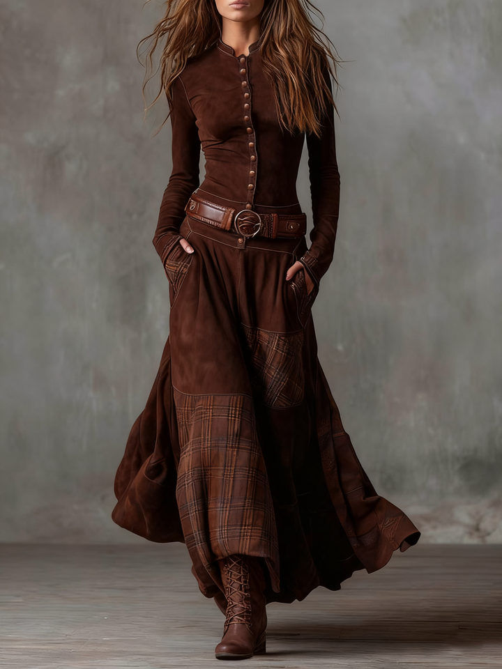 Helena | Navy Suede Maxi Dress with Belt