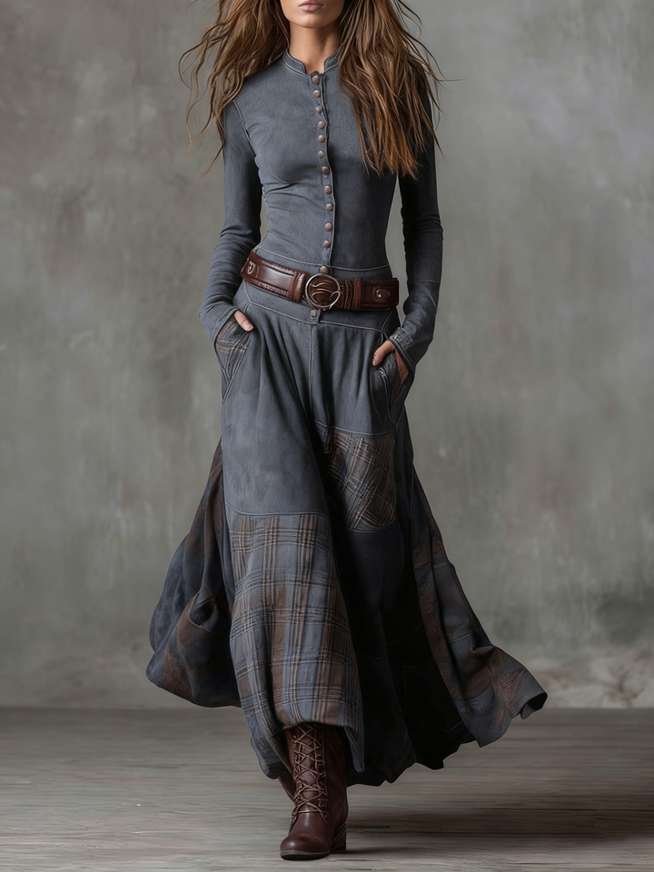 Helena | Navy Suede Maxi Dress with Belt