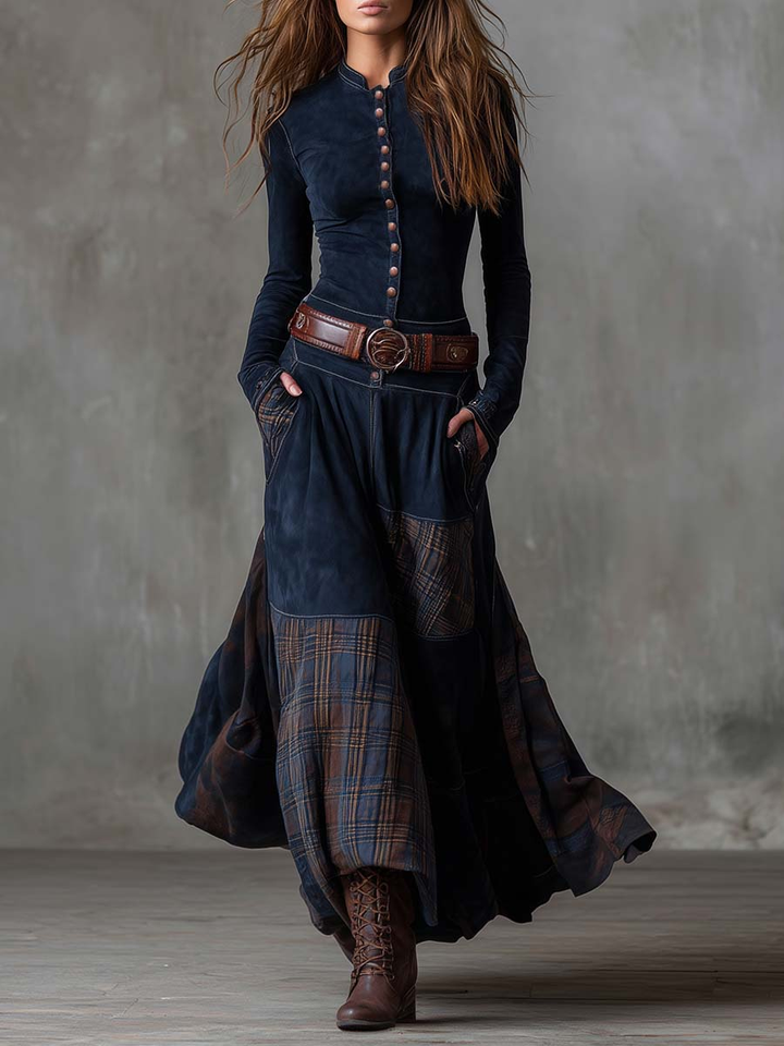 Vintage Suede Maxi Dress with Plaid Panels