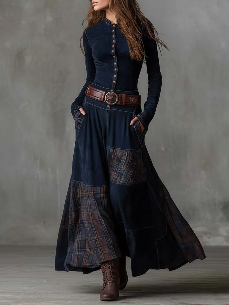 Helena | Navy Suede Maxi Dress with Belt