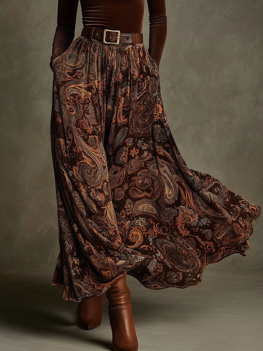 Vintage Stretch Velvet Top and Paisley Print Maxi Skirt Set (with belt)