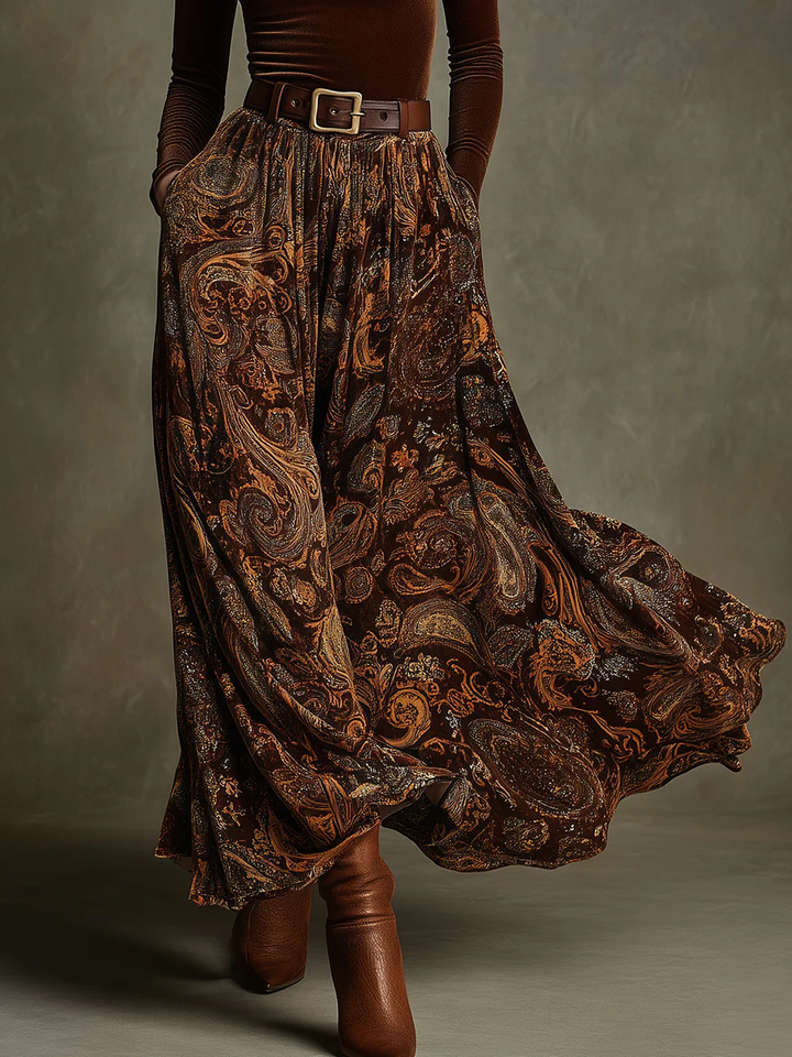Vintage Stretch Velvet Top and Paisley Print Maxi Skirt Set (with belt)