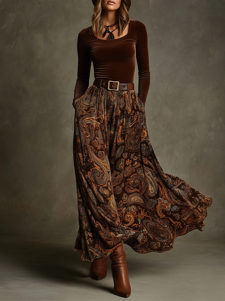 Vintage Stretch Velvet Top and Paisley Print Maxi Skirt Set (with belt)