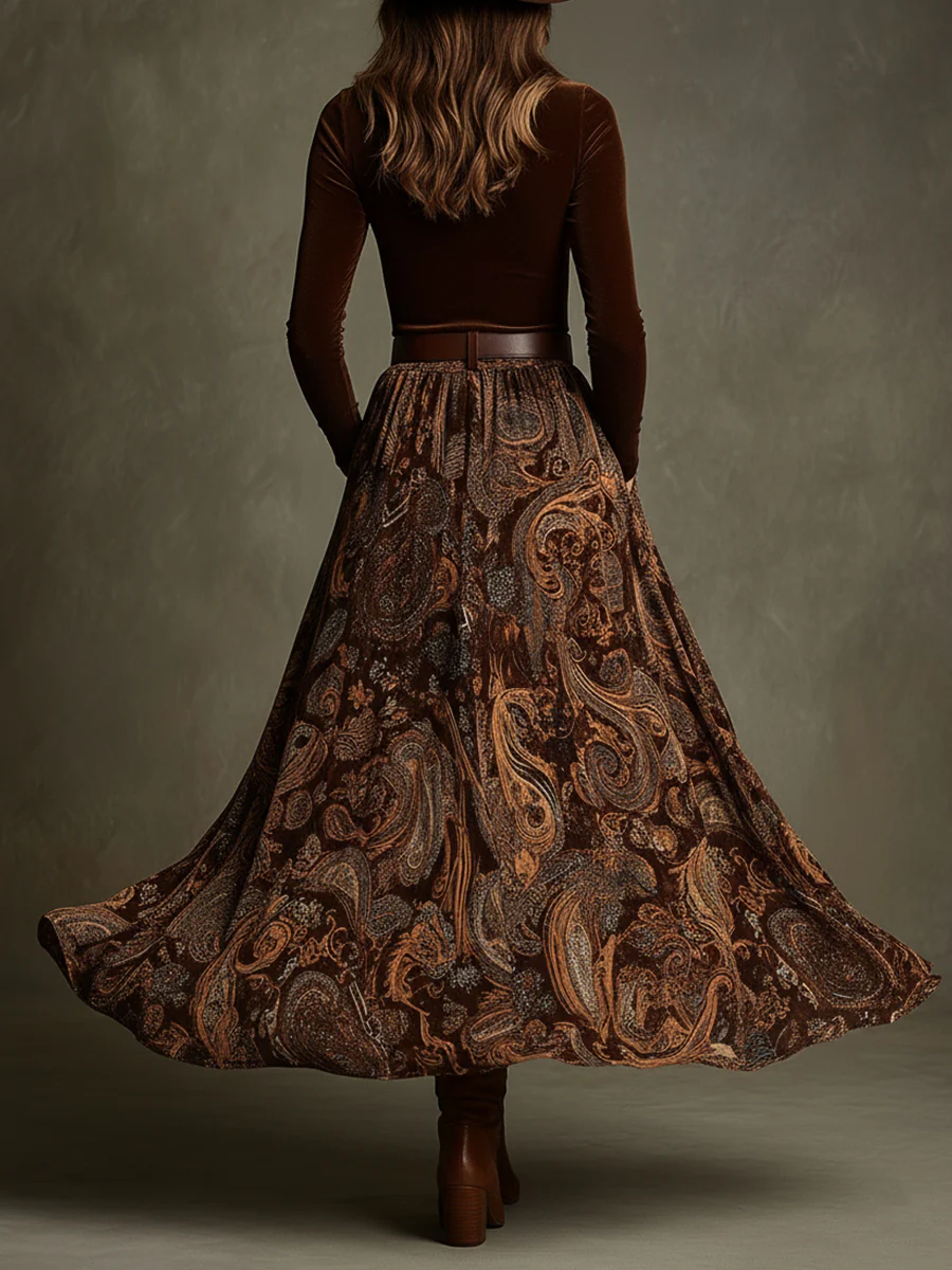 Vintage Stretch Velvet Top and Paisley Print Maxi Skirt Set (with belt)