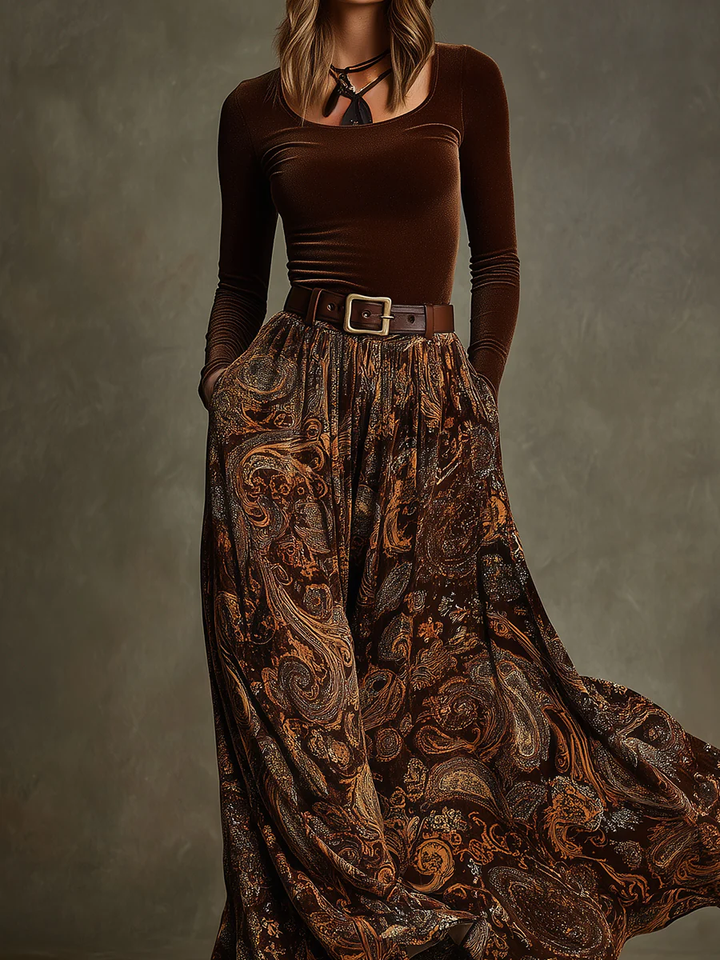 Vintage Stretch Velvet Top and Paisley Print Maxi Skirt Set (with belt)