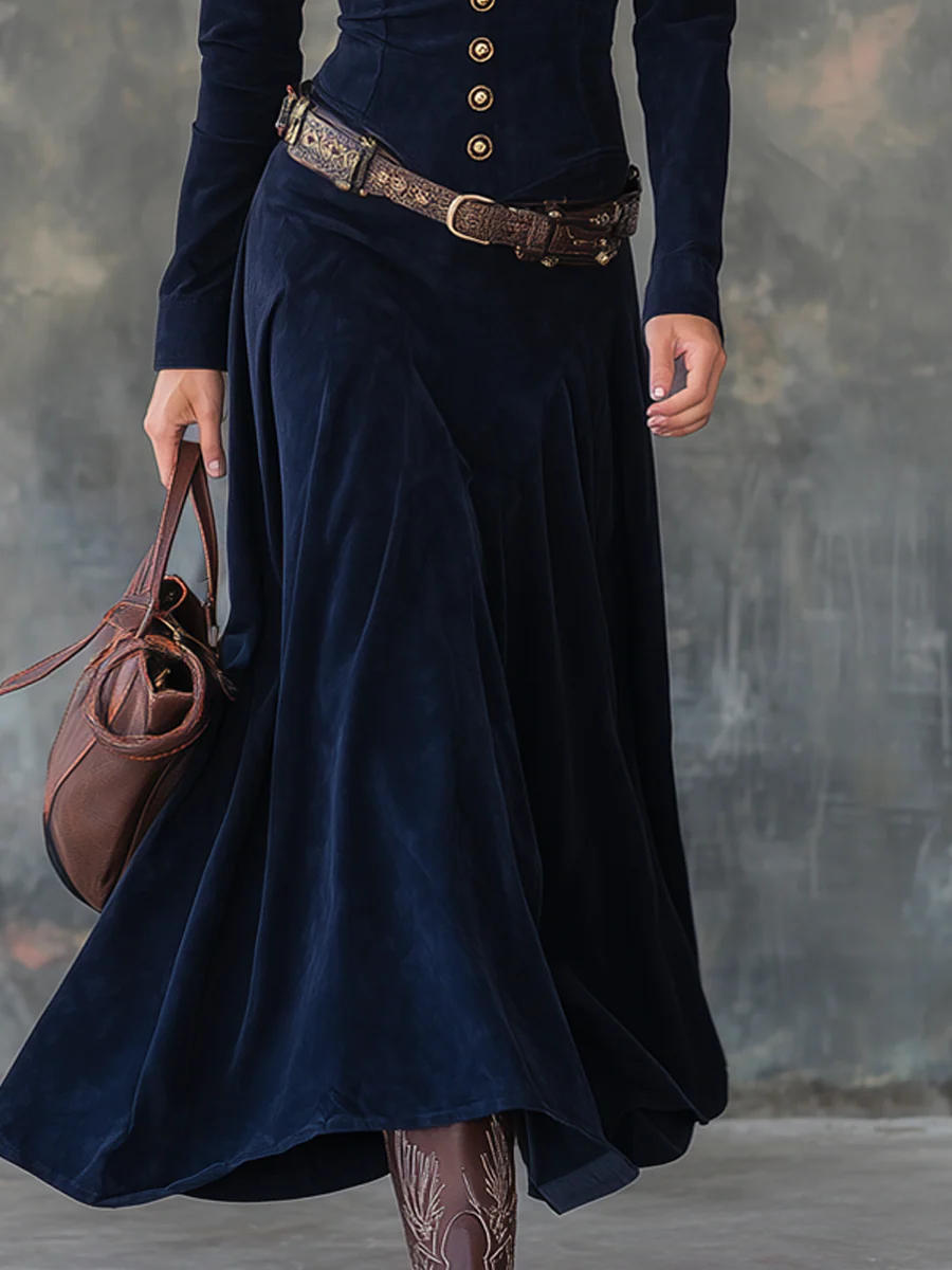 Vintage Flap Pocket Polyester Suede Maxi Dress (With belt)