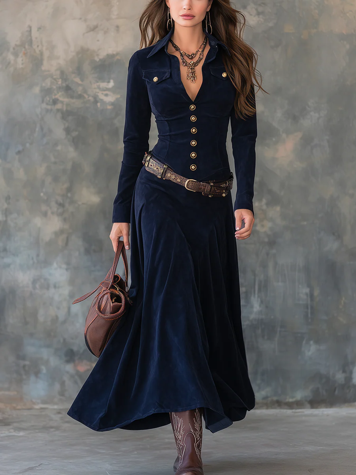 Vintage Flap Pocket Polyester Suede Maxi Dress (With belt)