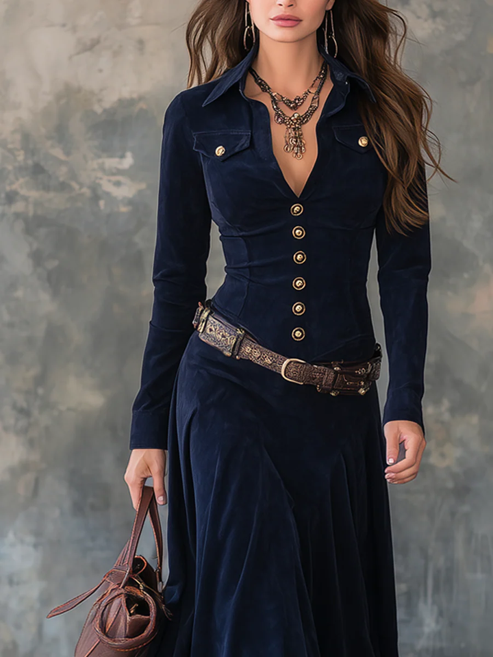 Vintage Flap Pocket Polyester Suede Maxi Dress (With belt)