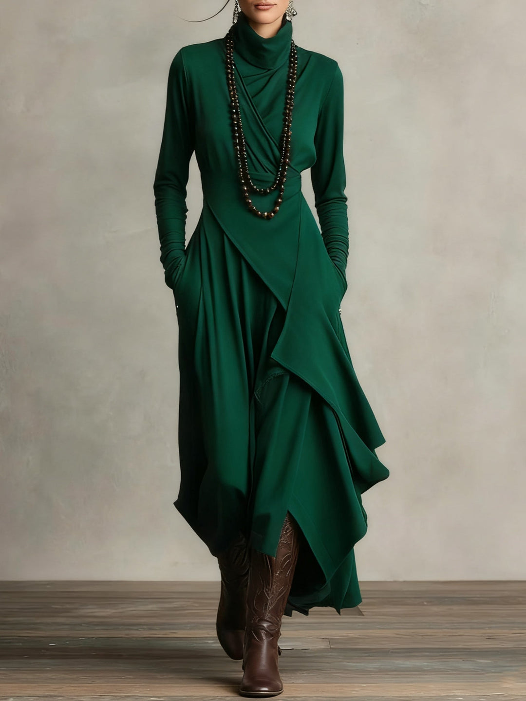 Purple High-neck Asymmetrical Pleated Maxi Dress (Necklace not included)